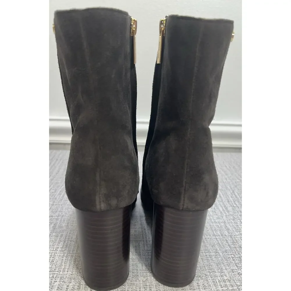 Michael Kors Brown Suede Leather Block Heel Side Zip Ankle Bootie Women's 10